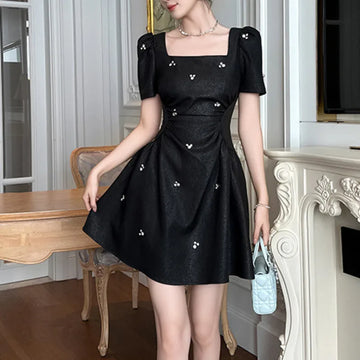 Xajzpa Fashion Diamond Studded Dress Women's Waist Cinched Square Neck Short Sleeve Dresses 2025 Summer New Tide